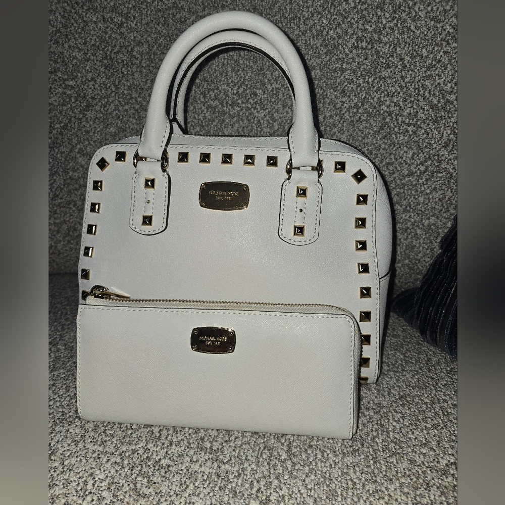 Michael Kors White Satchel with Gold Stud Accents and Matching Wallet